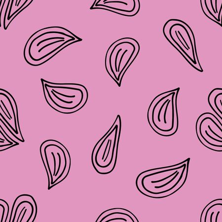 A Vector seamless pattern of black hand-drawn heart shaped rose petals isolated on a pink backgroundのイラスト素材