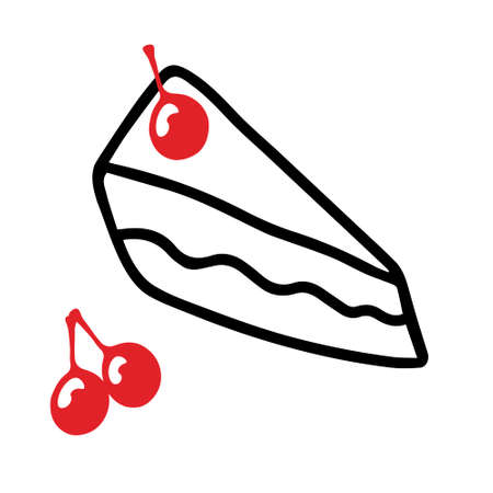 A Black hand-drawn vector illustration of triangular piece of cake with a red cherry and two cherries isolated on a white backgroundのイラスト素材