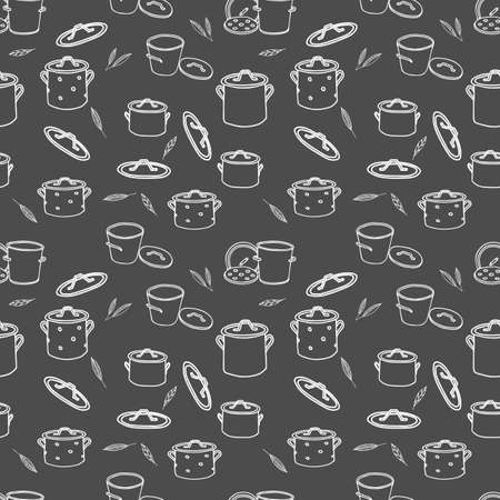 A White hand drawing outline illustration of a group of saucepans with lids and Bay leaves for cooking isolated on a gray backgroundのイラスト素材