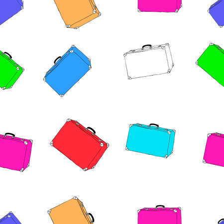 A Beautiful hand drawing colored vector group of suitcases for travel isolated on a white background. Seamless patternのイラスト素材