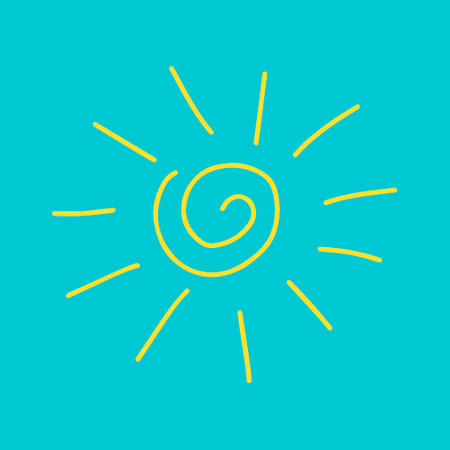 A Vector yellow outline illustration of the sun isolated on a blue backgroundのイラスト素材