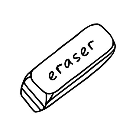 A Hand-draw black vector illustration of eraser rubber item with lettering Eraser isolated on a...