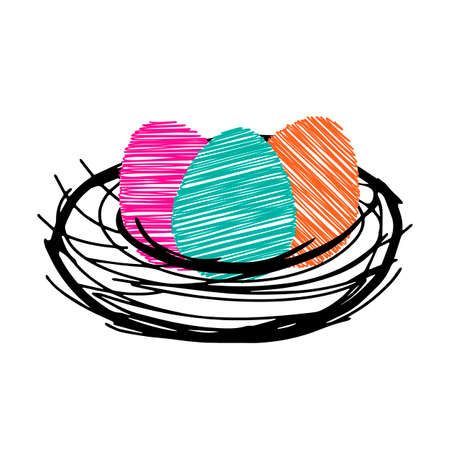 A group of Three pink orange green scribble Vector Easter eggs are in the nest isolated on a white backgroundのイラスト素材