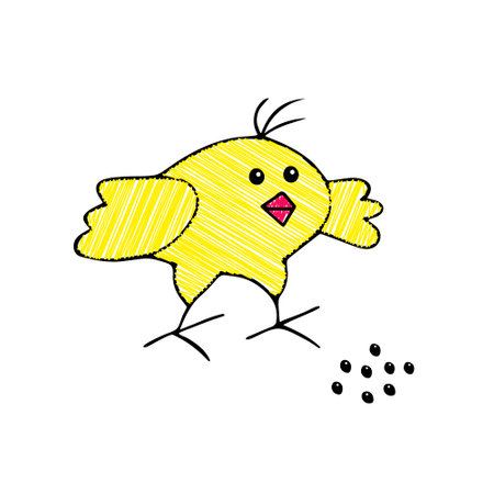 A Hand-drawn yellow vector illustration of one fun chicken with corns isolated on a white background for children bookのイラスト素材