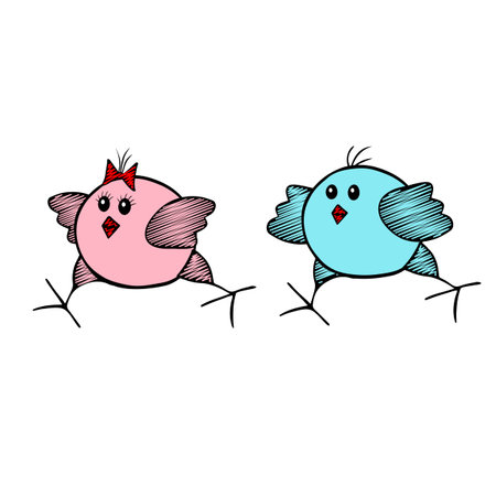 A Pair of black Vector Easter pink and blue chicks run on a white backgroundのイラスト素材