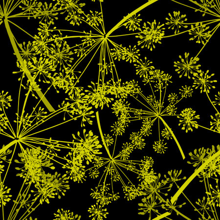 The Yellow vector seamless pattern of dill seeds is on a black backgroundのイラスト素材