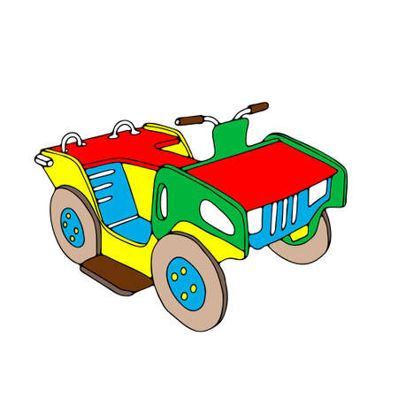 A Beautiful hand-drawn colored vector illustration of toy wooden car isolated on a white background for children. Red Green blue yellowのイラスト素材
