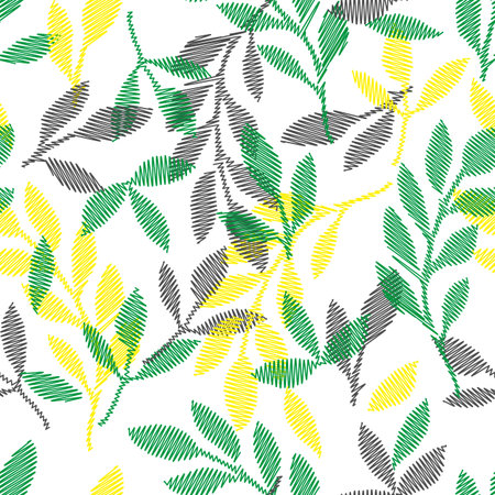 An Illustration of green yellow and gray scribble branches with leaves isolated on a white background. Seamless patternのイラスト素材