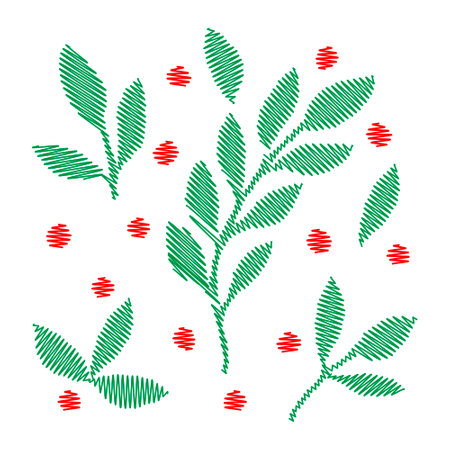 An Illustration of a green scribble cherry branch with leaves and red berries isolated on a white backgroundのイラスト素材