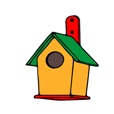 Colored hand drawn outline vector illustration of A birdhouse or squirrel house from new boards is hanging on a tree in the forest isolated on a white backgroundのイラスト素材