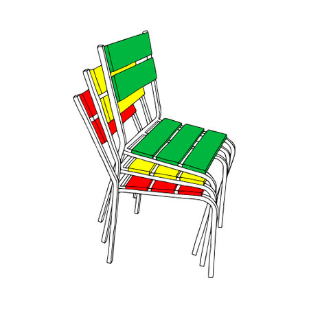 Green yellow red Vector outline illustration of stack of chairs isolated on a white backgroundのイラスト素材
