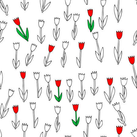A Black Vector illustration of a group of tulip flowers with leaves isolated on a white background. Seamless patternのイラスト素材