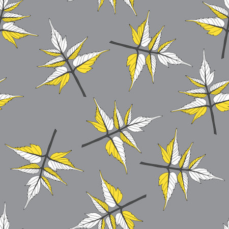A Seamless pattern of a gray and yellow maple leaves isolated on a gray backgroundのイラスト素材