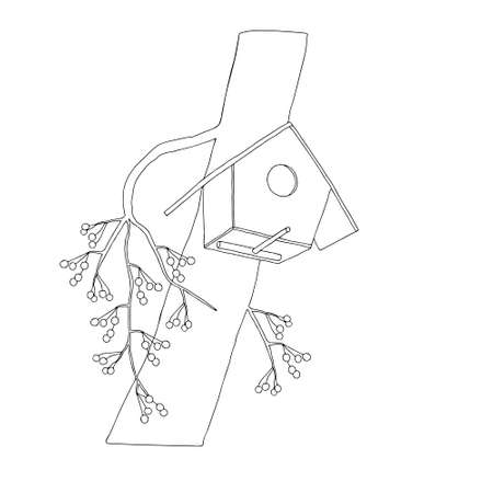 A Black hand drawn outline vector illustration of A birdhouse from new boards is hanging on an apple tree isolated on a white background.のイラスト素材
