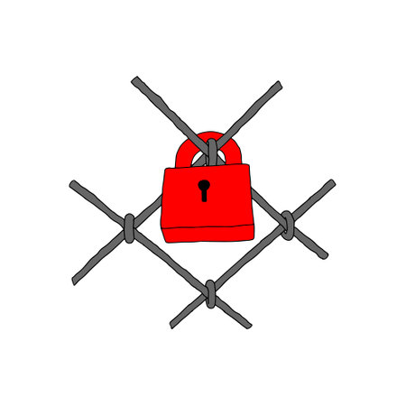 A Hand-drawn black vector illustration of a red metallic lock located on a gray metal grille isolated on a white backgroundのイラスト素材