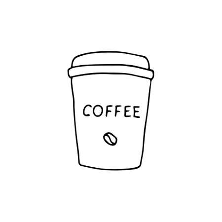 A Black hand drawing illustration of coffee in a paper cup with a plastic lid to go with lettering Coffeeのイラスト素材