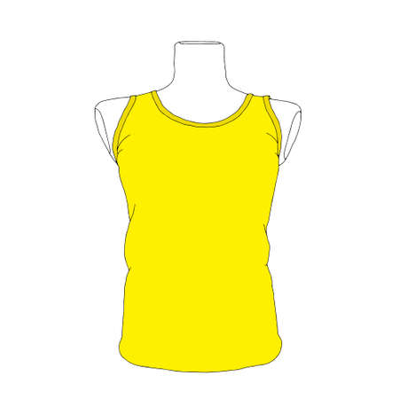 A Beautiful hand-drawn fashion vector illustration of yellow sleeveless T-shirt for men and women on a dummy isolated on a white backgroundのイラスト素材