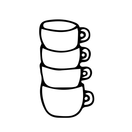 A Black and white hand drawing outline vector illustration of a stack of cups for hot tea or coffee isolated on a white backgroundのイラスト素材