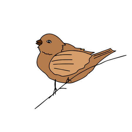 A Hand-drawn black vector illustration of one brown sparrow bird is sitting on a branch on a white backgroundのイラスト素材