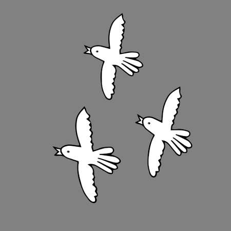 A Hand drawn white vector illustration of a group of doves is flying on a gray backgroundのイラスト素材