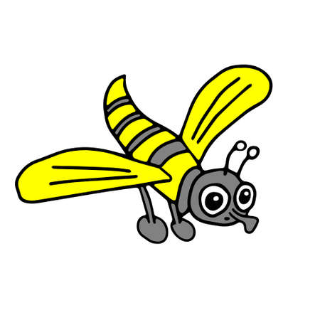 A Hand-drawn yellow and gray vector illustration of one fly is flying on a white backgroundのイラスト素材