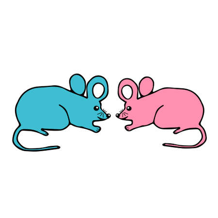 A Hand drawn vector illustration of a pair of beautiful little pink and blue young mice on a white backgroundのイラスト素材