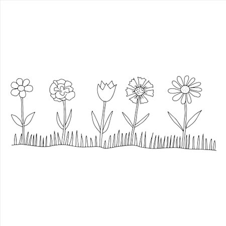 Black Vector illustration of a group of five different flowers with leaves and grass isolated on a white backgroundのイラスト素材