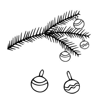 Beautiful hand-drawn black vector illustration of a group of toy Christmas balls with texture and a fir tree isolated on a white background for coloring book for childrenのイラスト素材