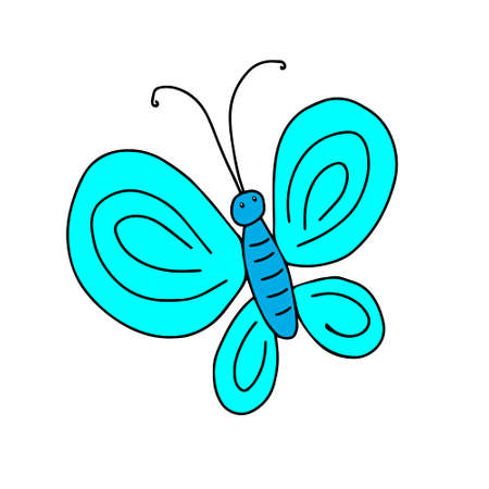 A Hand-drawn blue vector illustration of one butterfly is flying on a white backgroundのイラスト素材