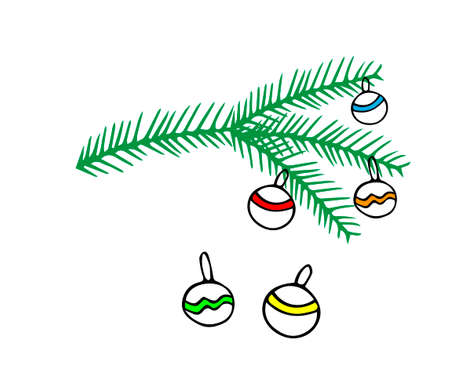 A Beautiful hand-drawn colored vector illustration of toy Christmas balls with texture and a fir tree isolated on a white backgroundのイラスト素材