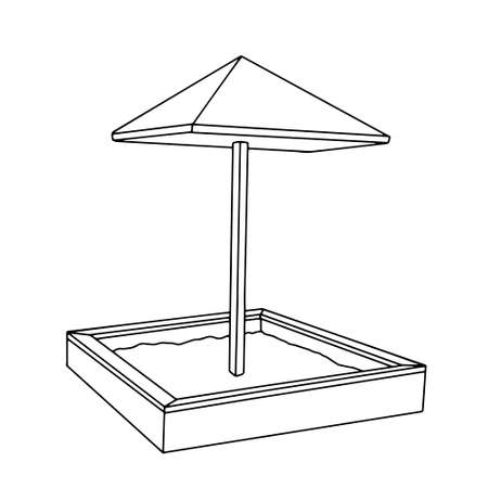 A Hand-draw black vector illustration of wooden sandbox with sand and a roof umbrella for children isolated on a white backgroundのイラスト素材