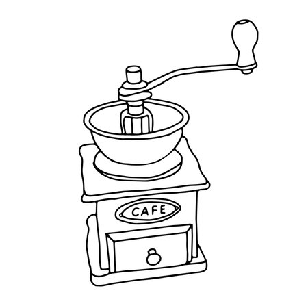 A Black hand drawn vector illustration of metal and wooden coffee grinder isolated on a white backgroundのイラスト素材