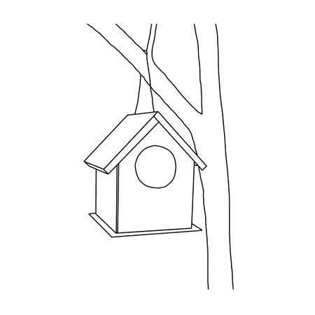 Black hand drawn outline vector illustration of A birdhouse for birds from new boards is hanging on a tree isolated on a white background.のイラスト素材