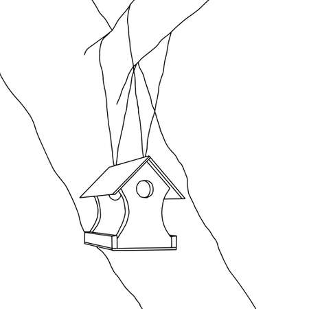Black hand drawn outline vector illustration of A birdhouse for birds from new boards is hanging on a tree isolated on a white background.のイラスト素材