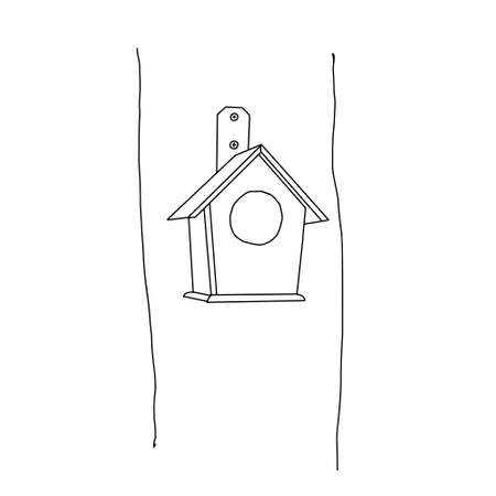 Black hand drawn outline vector illustration of A birdhouse for birds from new boards is hanging on a tree isolated on a white background.のイラスト素材