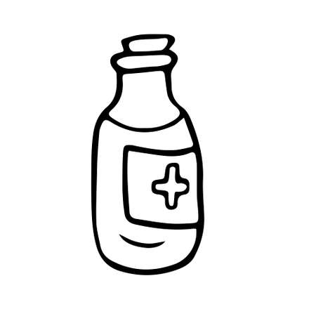 A Vector outline illustration of a black glass bottle with cork and label with medical cross for medicine is on a white backgroundのイラスト素材