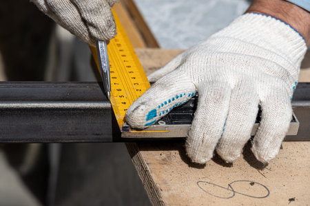 A man in the safety gloves is measuring a metal part with a yellow ruler tool on a work bench....