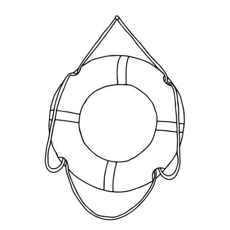 A Beautiful hand drawn vector illustration of one plastic boat lifebuoy with a rope isolated on a white background for coloring book for childrenのイラスト素材
