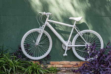 A White bicycle is on a green wall background outsideの写真素材