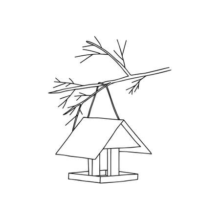 Black hand drawn outline vector illustration of A birdhouse for birds from new boards is hanging on a tree isolated on a white background.のイラスト素材