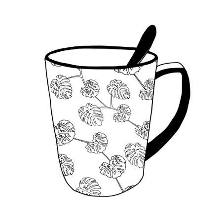 A Black Vector illustration of a cup for hot tea or coffee with monstera leaves pattern and a spoon on a white backgroundのイラスト素材