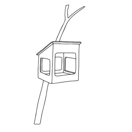 Black hand drawn outline vector illustration of A birdhouse or squirrel house for birds or squirrel from new boards is hanging on a tree isolated on a white backgroundのイラスト素材