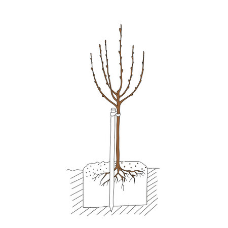 Brown outline hand drawing vector illustration of a leafless tree planting with roots in spring isolated on a white backgroundのイラスト素材