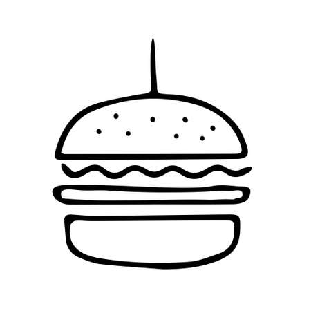 Black hand-drawn outline vector illustration of a hamburger isolated on a white background for holiday or dinner for cooking bookのイラスト素材