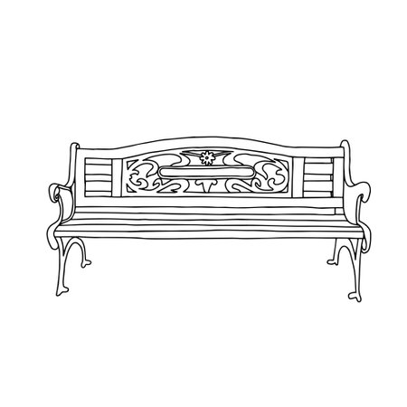 Black Vector outline illustration of a wooden bench isolated on a white backgroundのイラスト素材