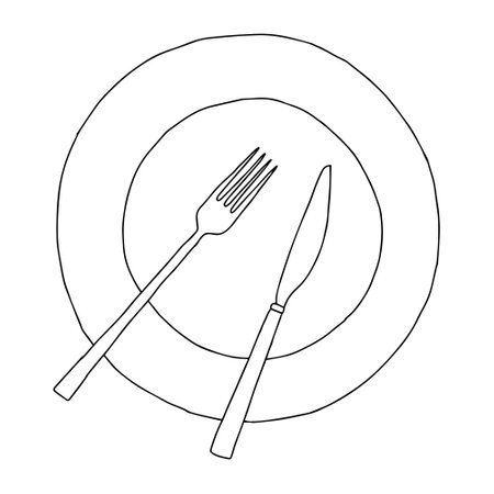 Black hand drawing outline flat vector illustration of tableware set isolated on a white backgroundのイラスト素材