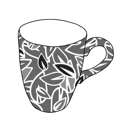 Vector illustration of a cup for hot tea or coffee with gray leaves pattern on a white backgroundのイラスト素材