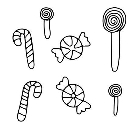 Black hand-drawn vector illustration of Christmas candy set isolated on a white backgroundのイラスト素材