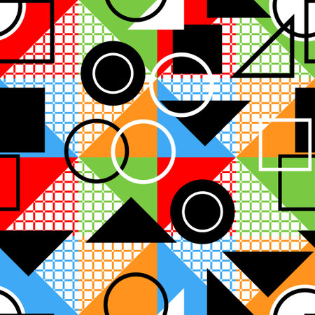 A Vector seamless pattern of colored abstract geometric shapes and gridのイラスト素材