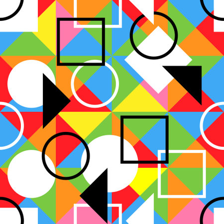 Vector seamless pattern of colored abstract geometric shapes and gridのイラスト素材